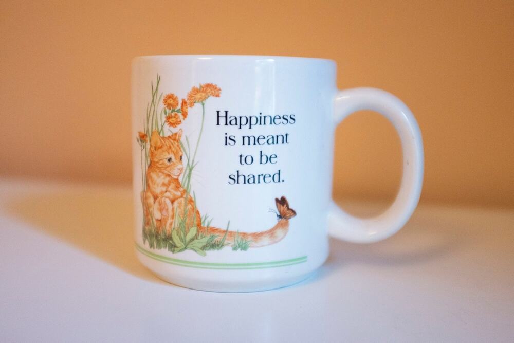 Mug with cat, butterfly, and orange flowers "Happiness is meant to be shared"